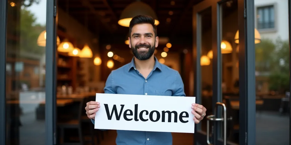 a man holding a sign that says welcome to the open door of a restaurant in front of a glass door, An