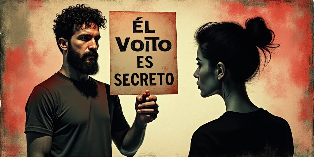a man holding a sign that says el voto es secreto in spanish and a woman in a black shirt, Ceferí O