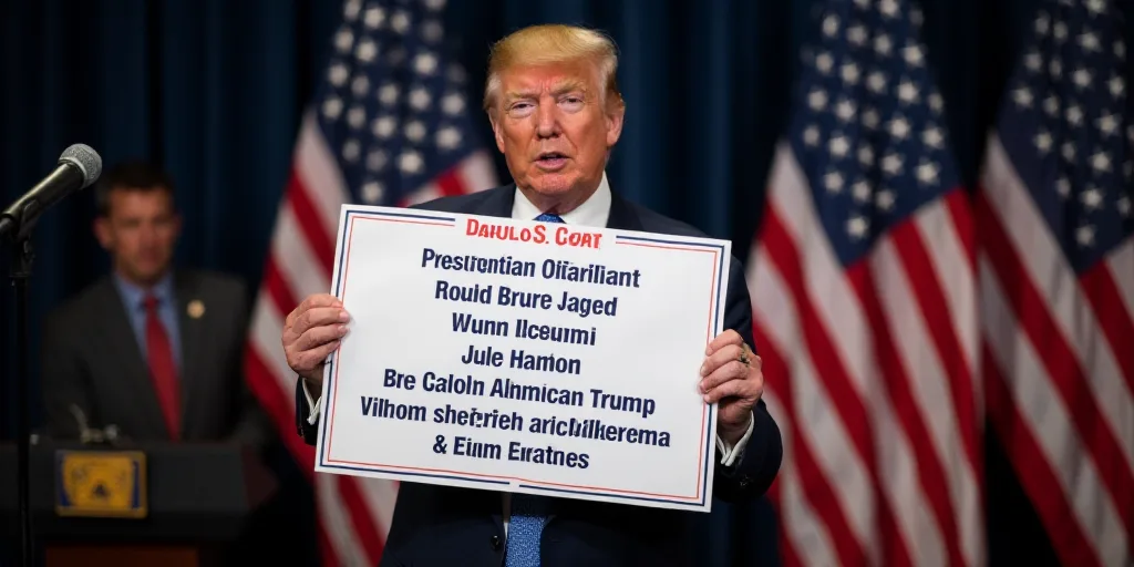 a man holding a sign with a list of presidential officials on it in front of a microphone and americ