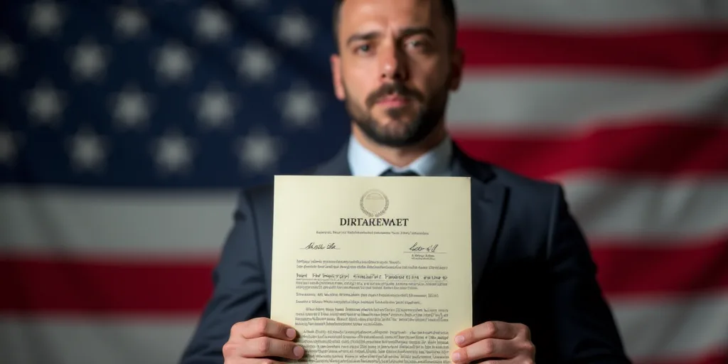 a man holding a signed document in front of an american flag and a flag in the background with a man