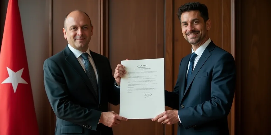 a man holding a signed document in front of a flag and a man in a suit and tie holding a signed docu