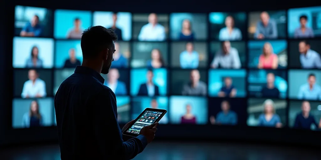 a man holding a tablet in front of a wall of monitors and a television screen with a lot of people o