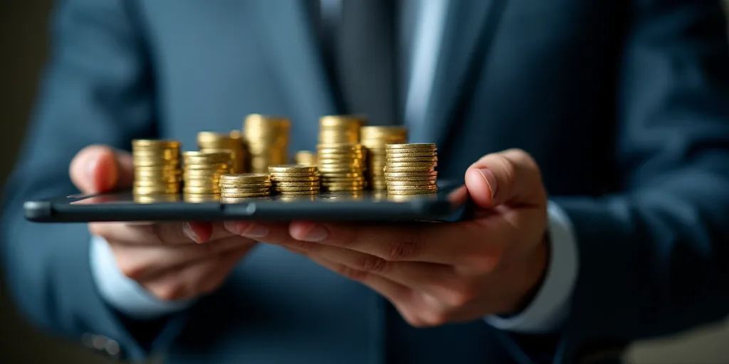 a man holding a tablet with stacks of coins on it and stacks of coins on the screen in front of him,