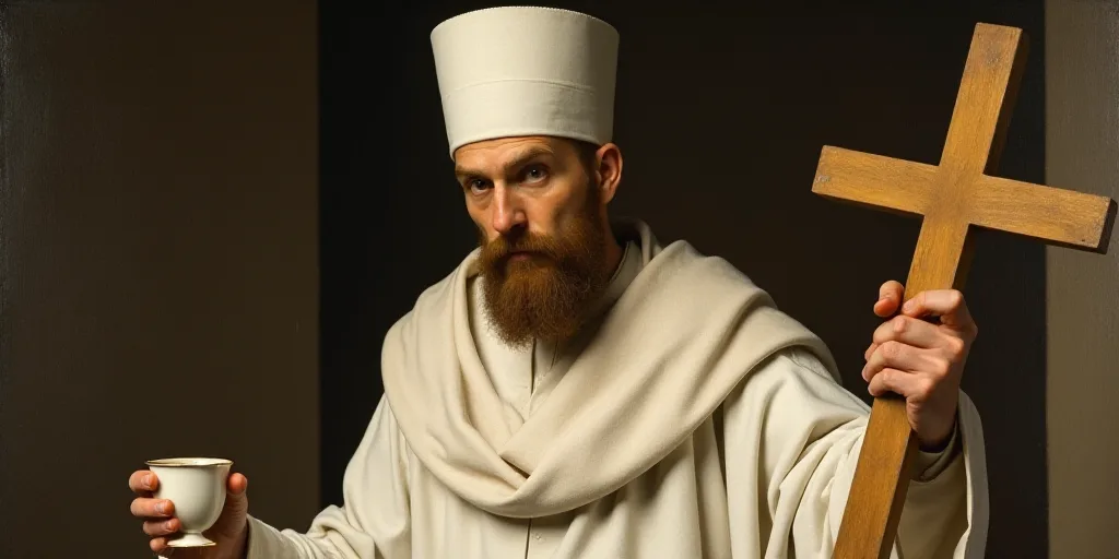 a man holding a wooden cross and a cup in his hand while wearing a white robe and a white hat, Fra A