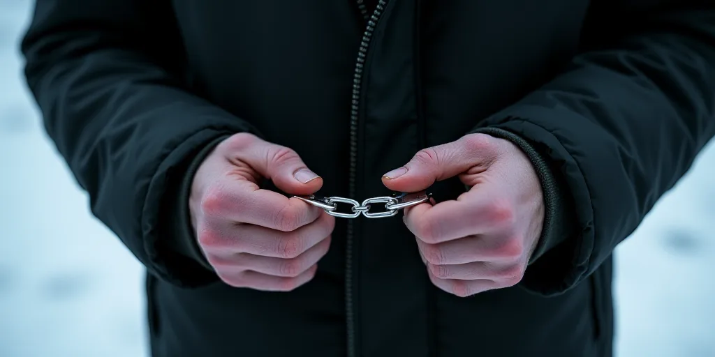 a man holding his hands in handcuffs with both hands on his chest and the other hand on his chest, D