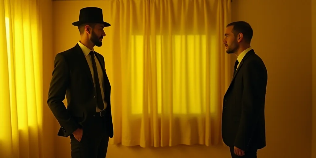 a man in a black hat and a man in a suit and tie in a yellow room with curtains, Enki Bilal, ue 5, a