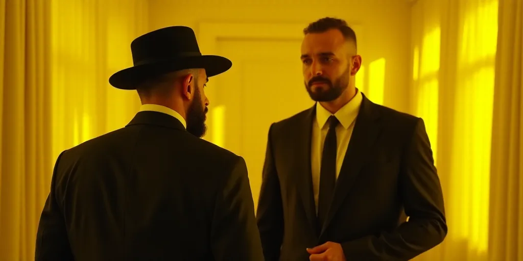 a man in a black hat and a man in a suit and tie in a yellow room with curtains, Enki Bilal, ue 5, a