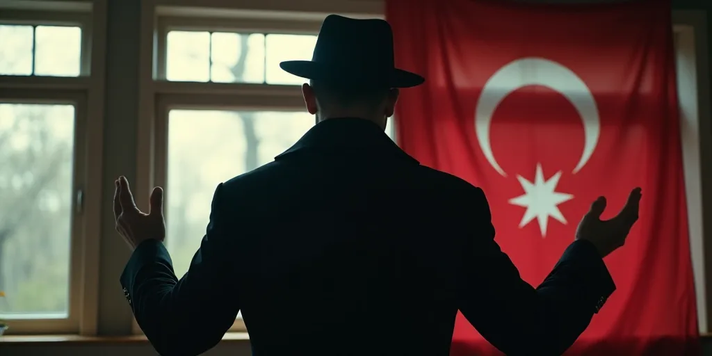 a man in a black jacket and hat standing in front of a window with his hands out and a flag in the b