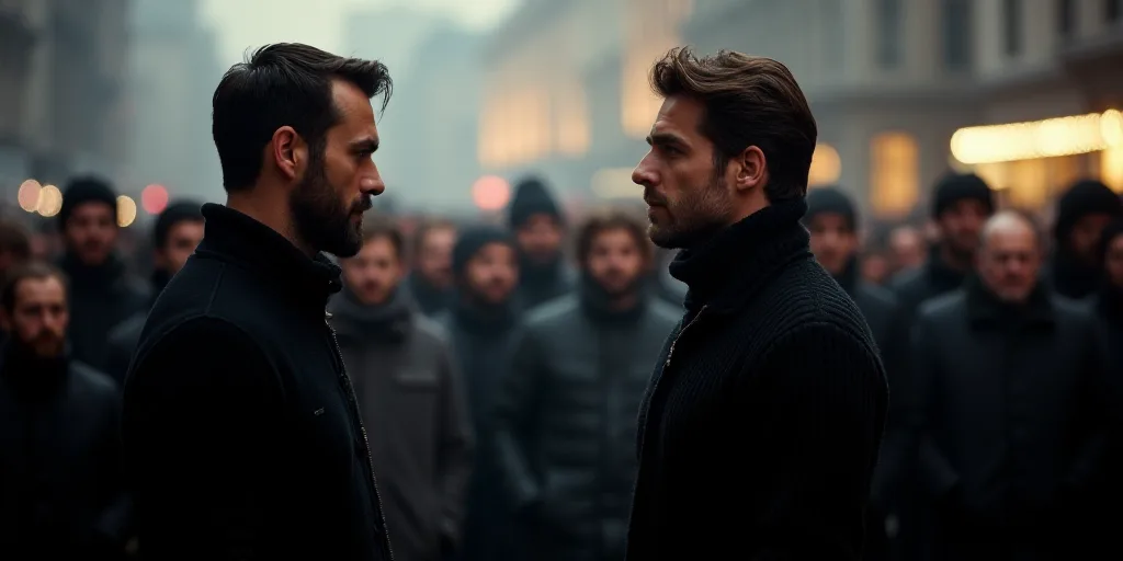 a man in a black sweater and a man in a black sweater are talking to each other in front of a crowd,