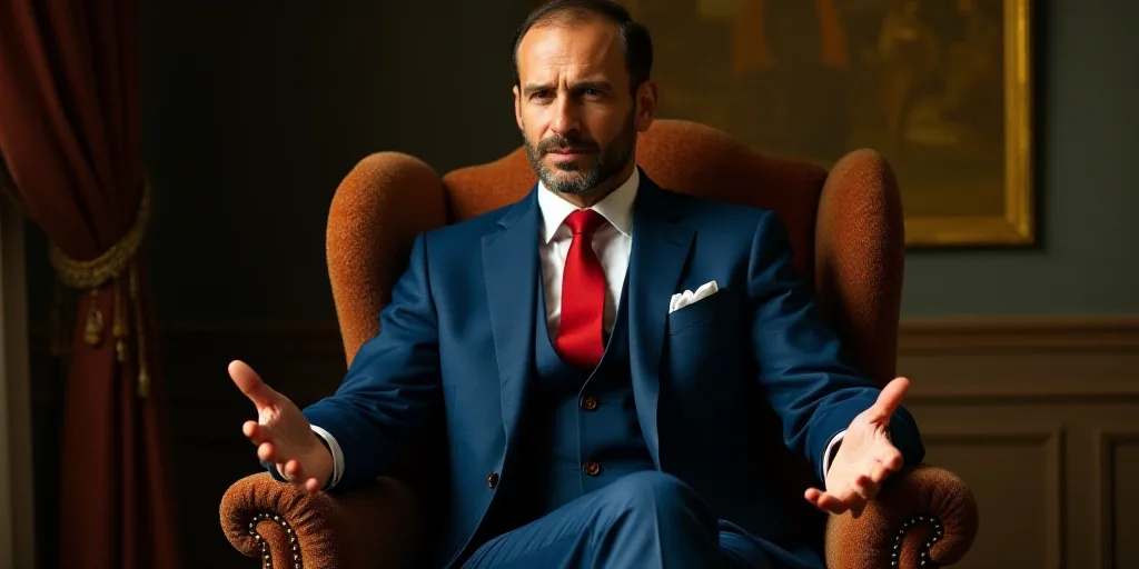 a man in a blue suit and red tie sitting in a chair with his hands out in front of him, Denis Eden,