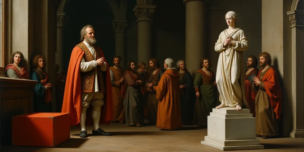 a man in a costume standing in a church with other people in the background and a red box in the for