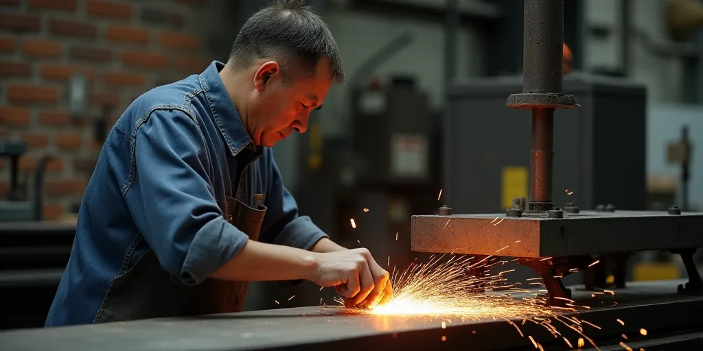 a man in a factory working on a piece of metal with a machine behind him and a brick wall behind him