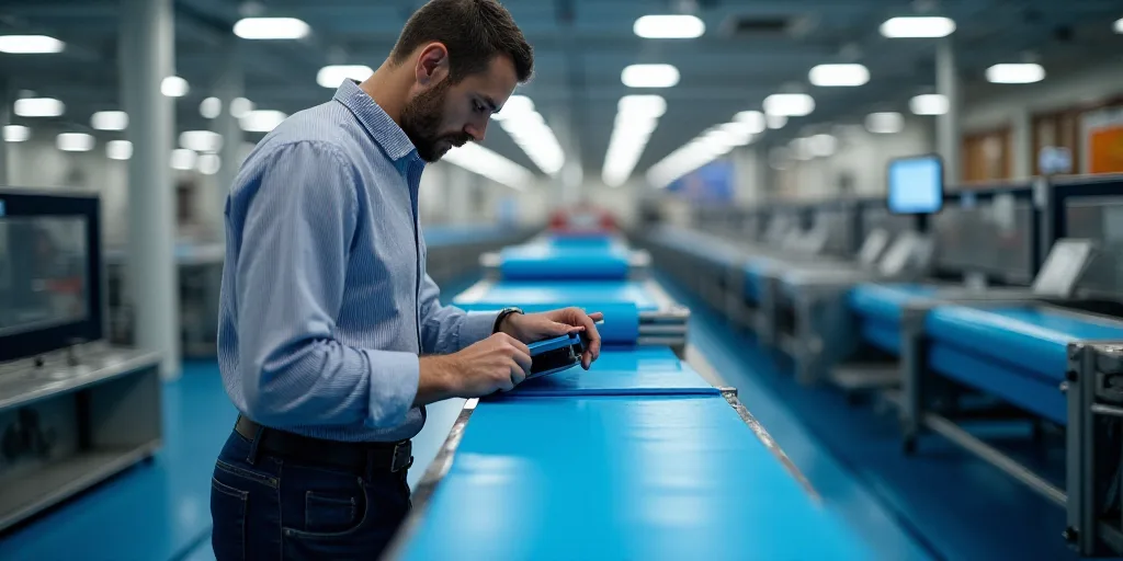 a man in a factory working on a machine with a blue floor and a blue conveyor belt behind him, Chris