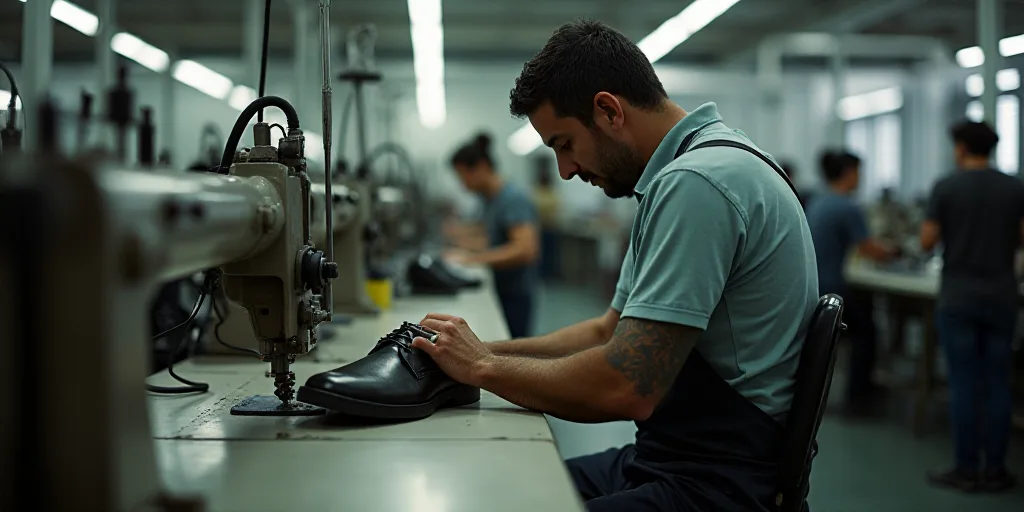 a man in a factory working on shoes with a machine in the background and people in the background wo