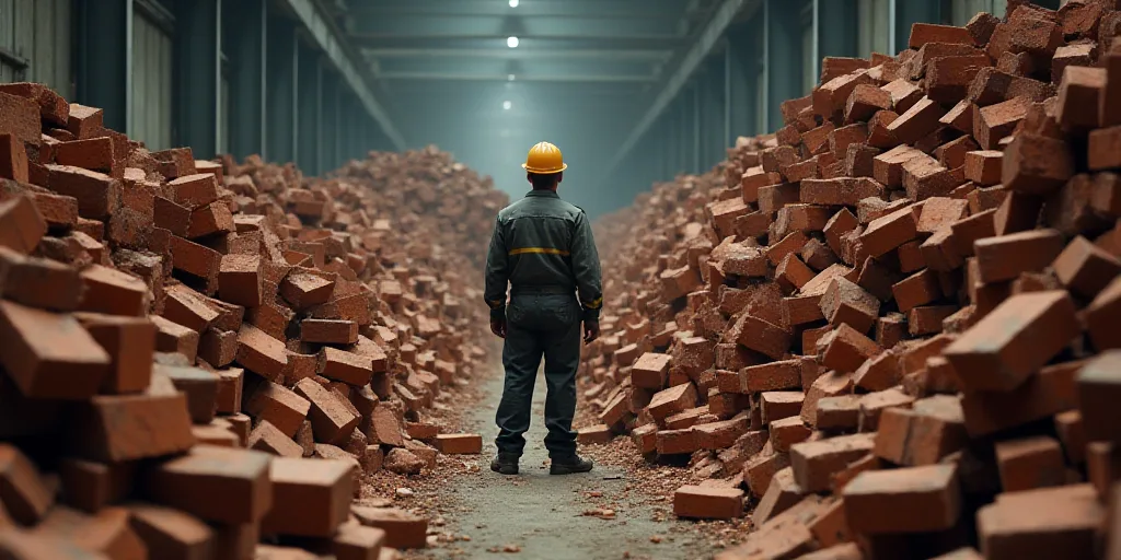 a man in a hard hat and safety gear standing in a large pile of bricks and brickstones in a warehous