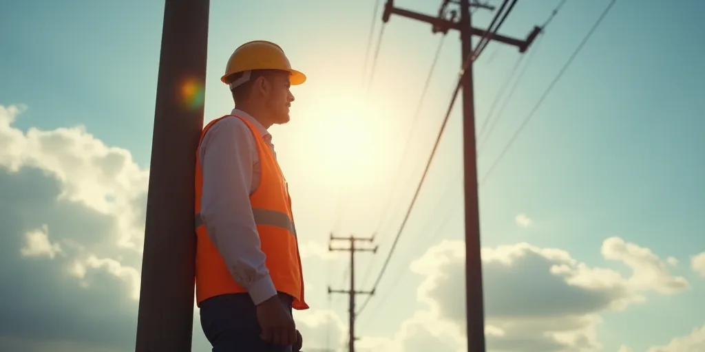 a man in a hard hat and vest standing next to a power pole with a sky background and sun shining thr