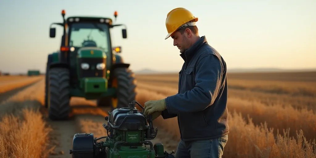 a man in a hard hat is working on a machine in a field with a tractor behind him and a tractor behin