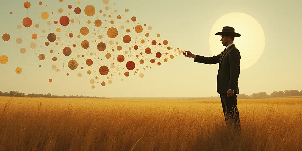 a man in a hat is holding a string of circles with a network of people connected to it in the middle