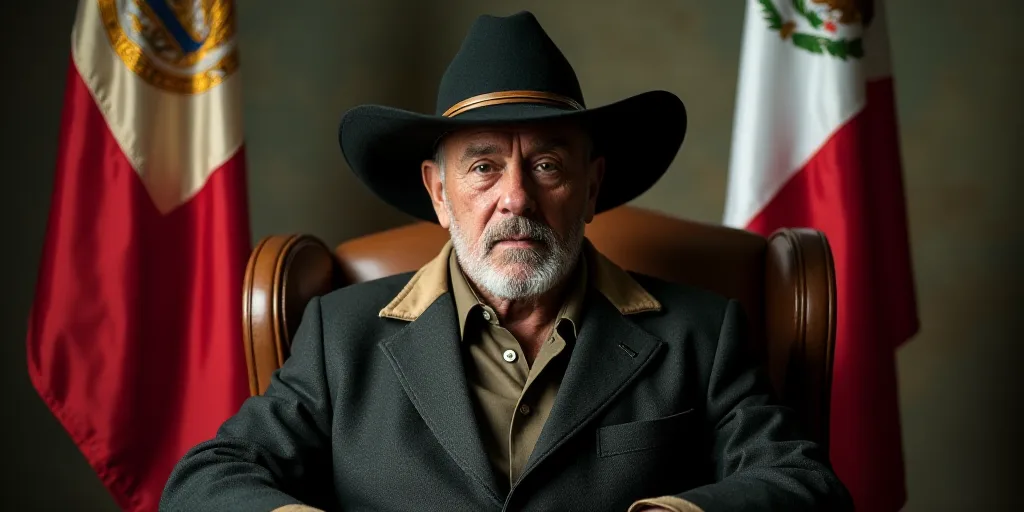 a man in a hat sitting in a chair with a flag behind him and a flag behind him with a coat on, Estua
