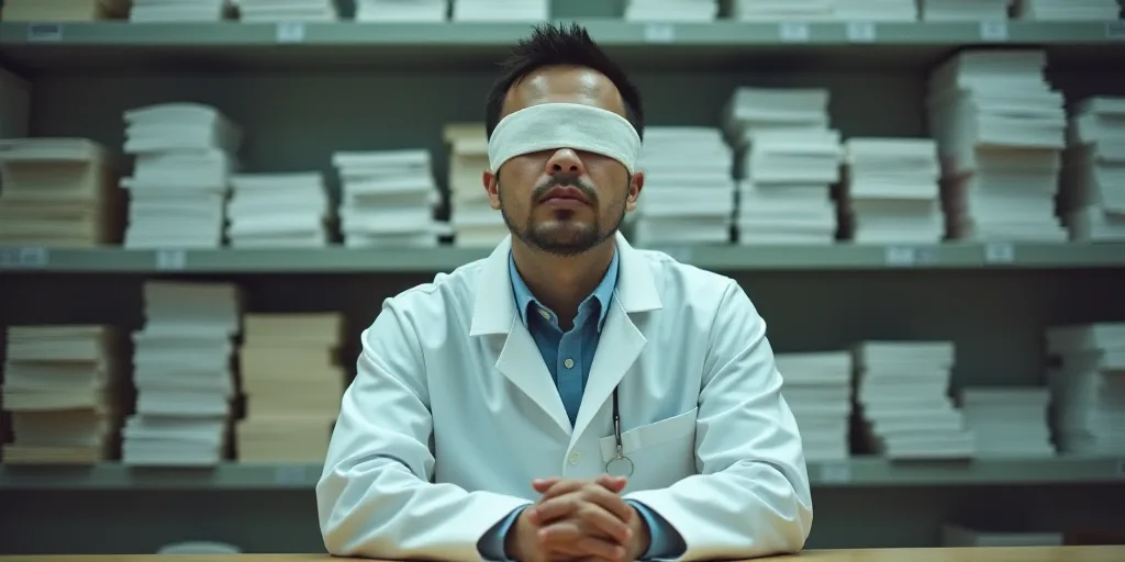 a man in a lab coat and blindfold sitting in front of a counter with stacks of stacks of stacks of s
