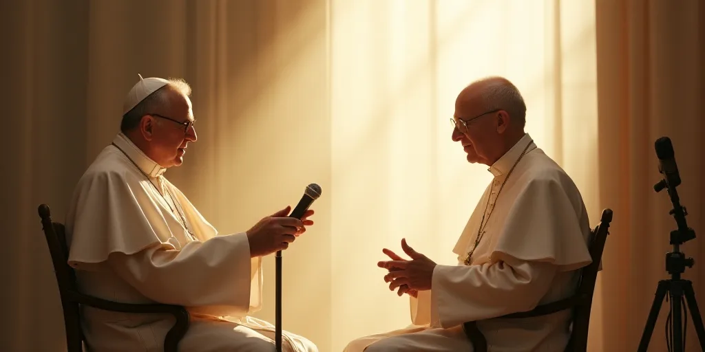 a man in a priest's robes is giving a speech to a man in a chair with a microphone, Ed Benedict, rad