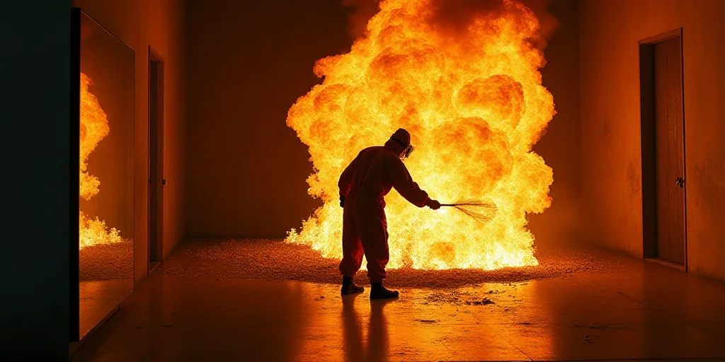 a man in a protective suit is working on a fire in a room with a mirror and a wall, Anish Kapoor, me