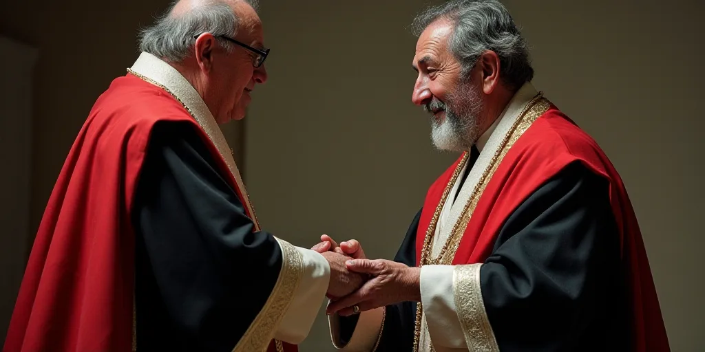 a man in a red and black outfit shaking hands with a man in a black and white outfit and a red and w