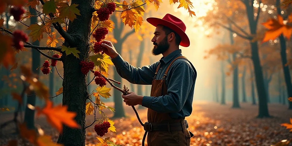a man in a red hat picking berries from a tree in a forest with a rope on it's shoulder, Ceferí Oli
