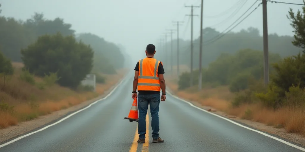 a man in a safety vest is standing on the side of the road with a traffic cone in his hand, Eddie Me