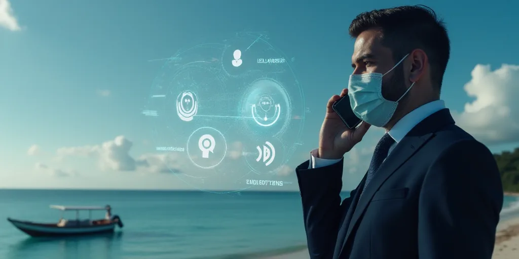 a man in a suit and mask talking on a cell phone with a virtual interface above him and a picture of