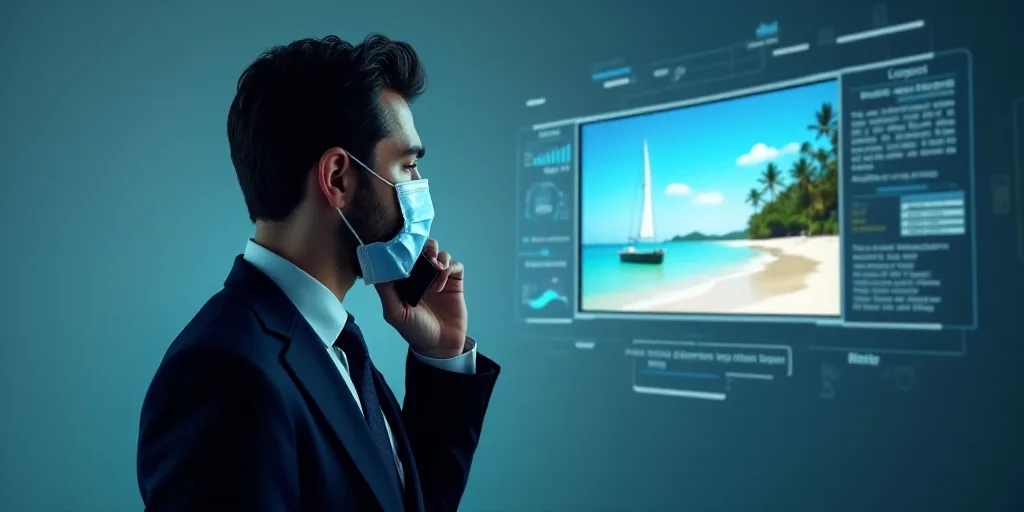 a man in a suit and mask talking on a cell phone with a virtual interface above him and a picture of