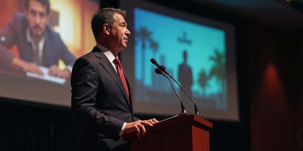 a man in a suit and tie giving a speech at a podium with a projection screen behind him and a projec