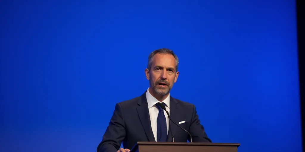 a man in a suit and tie giving a speech at a podium with a blue screen behind him and a blue backgro