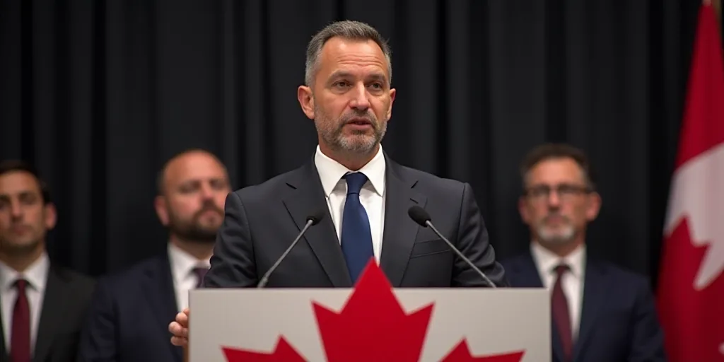 a man in a suit and tie giving a speech at a podium with other people in the background and a canadi