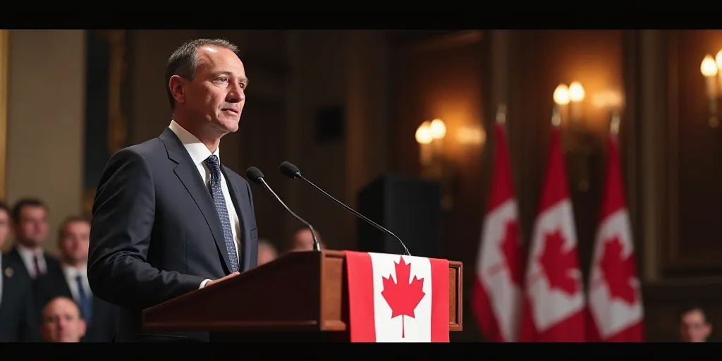 a man in a suit and tie giving a speech at a podium with other people in the background and a canadi
