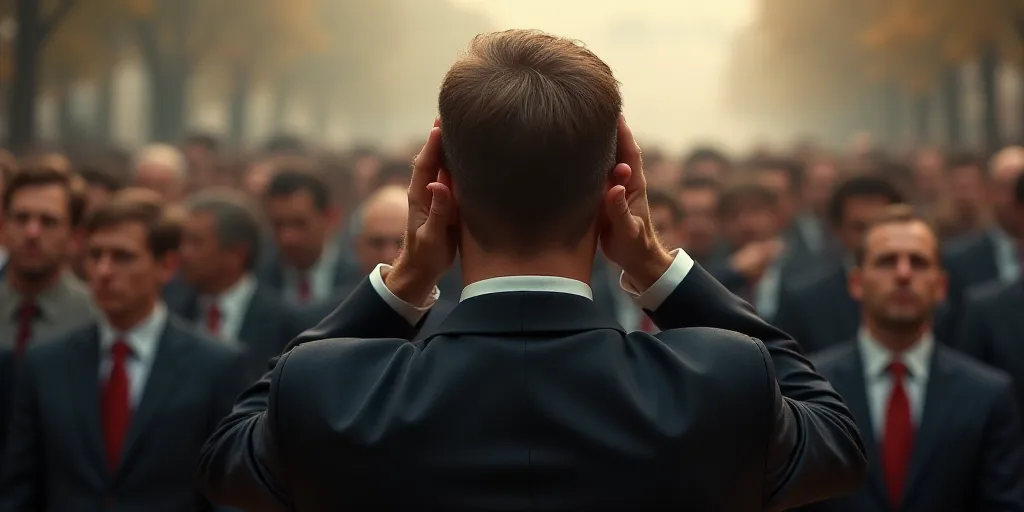 a man in a suit and tie holding his head in his hands while standing in front of a crowd, Emanuel Le