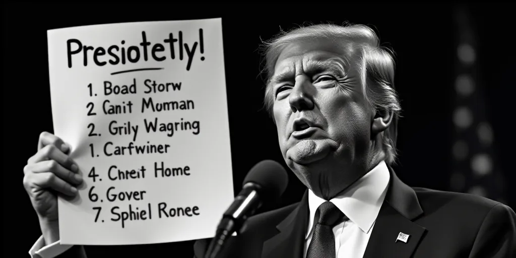 a man in a suit and tie holding a sign with a list of presidential names on it in front of a microph