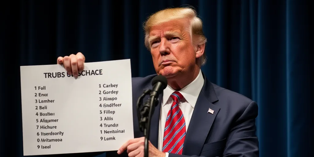 a man in a suit and tie holding a sign with a list of presidential names on it in front of a microph