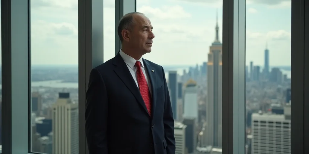 a man in a suit and tie in front of a window with skyscrapers in the background and a red tie, Carlo