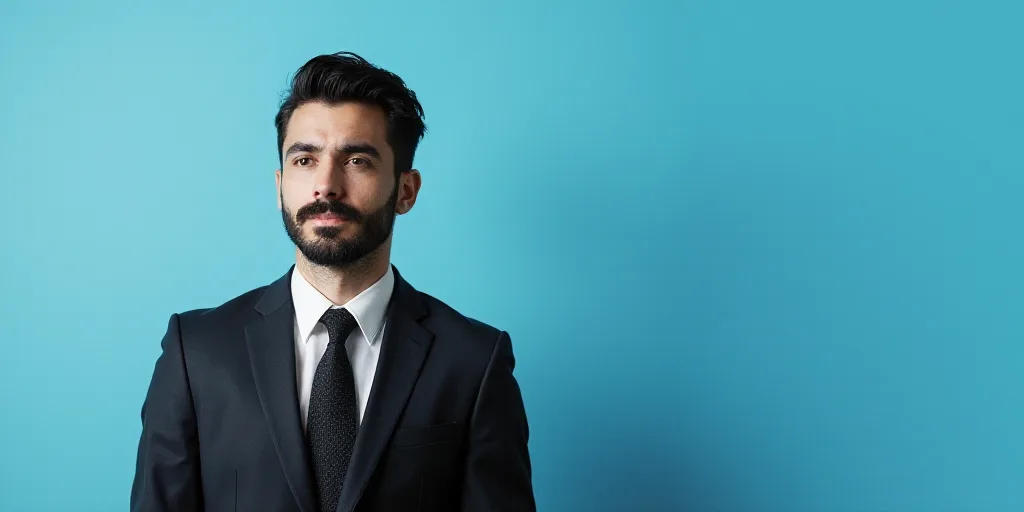 a man in a suit and tie is on a blue background with a black and white photo of himself, Estuardo Ma