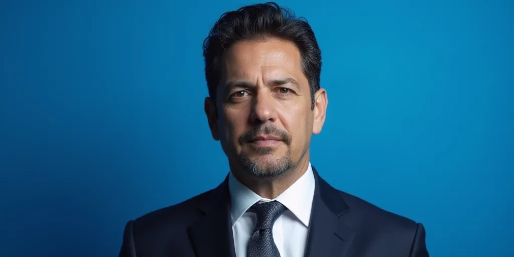 a man in a suit and tie is on a blue background with a black and white photo of him, Carlos Enríque