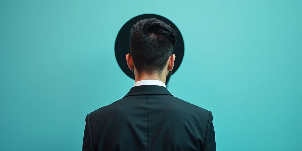 a man in a suit and tie is on a blue background with a black circle and a black and white photo, Ale