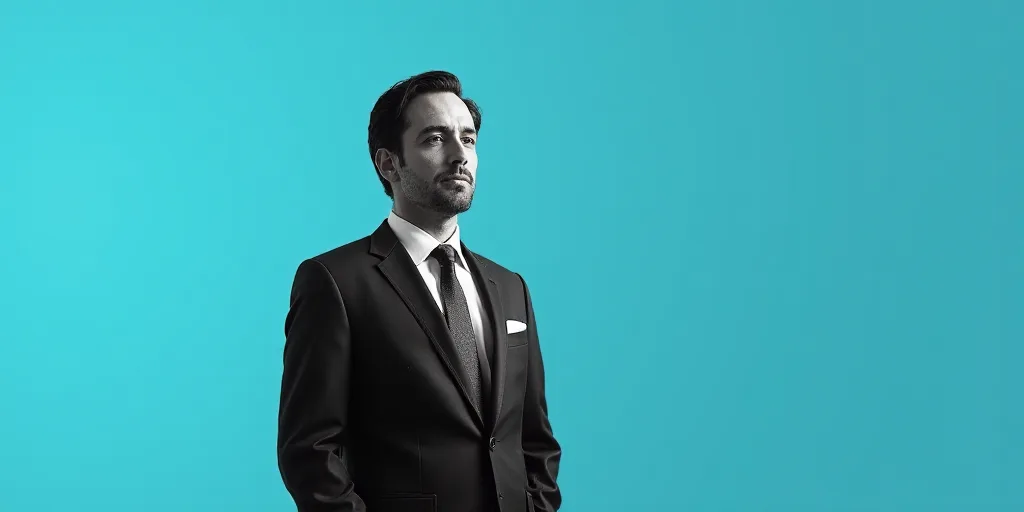 a man in a suit and tie is on a blue background with a black and white photo of himself, Estuardo Ma
