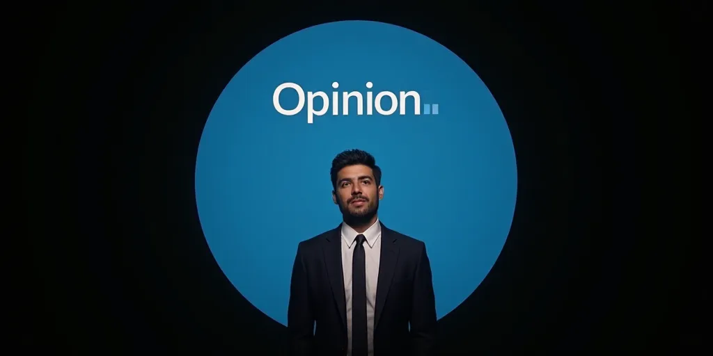 a man in a suit and tie is shown in a blue circle with the words opinion on it and a black backgroun