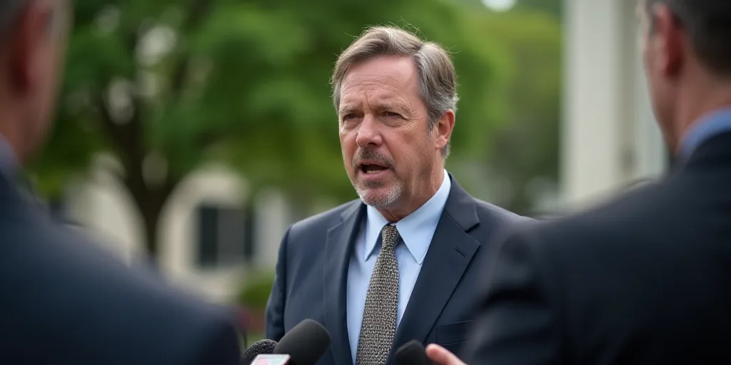 a man in a suit and tie is speaking to reporters outside of a building with trees in the background,