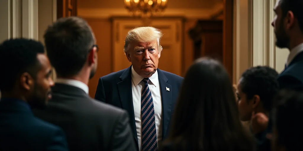 a man in a suit and tie is surrounded by reporters and a fake donald trump head is in the doorway, D