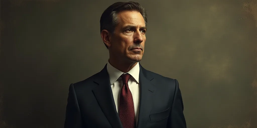 a man in a suit and tie looking off to the side with a serious look on his face and shoulders, ESAO,