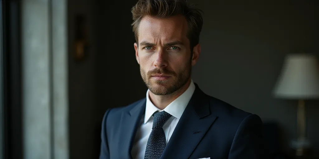 a man in a suit and tie looking at the camera with a serious look on his face and shoulder, Ásgrím