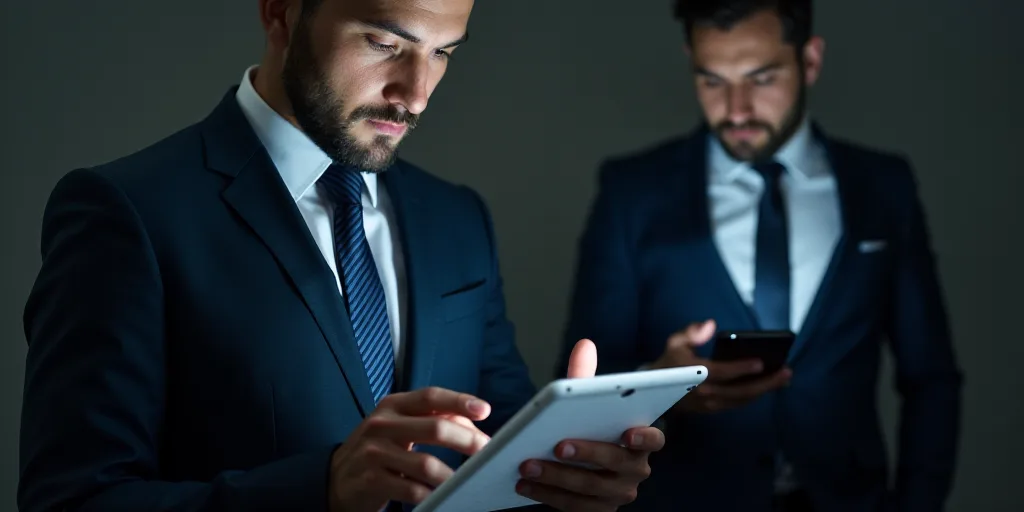 a man in a suit and tie looking at a tablet screen while another man in a suit looks at a tablet scr