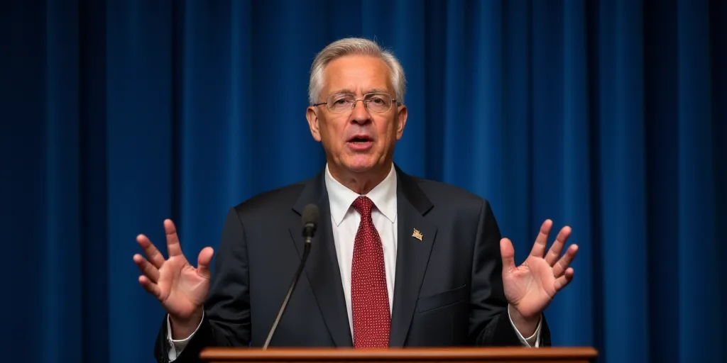 a man in a suit and tie making a speech with his hands up in front of him and a blue curtain behind